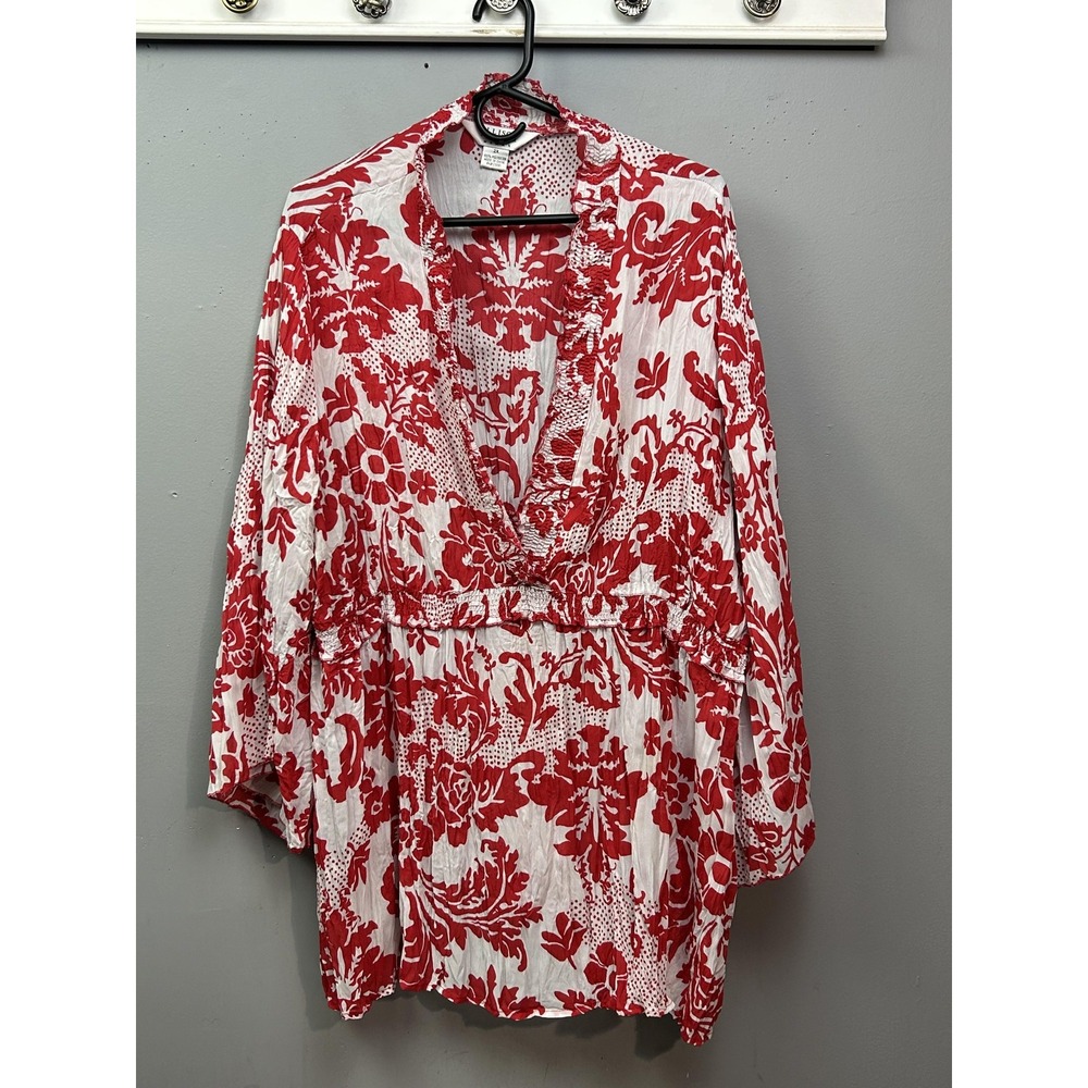 Allison Taylor Blouse Womens‎ 2X Red White Floral Boho Peasant Top Long Sleeve